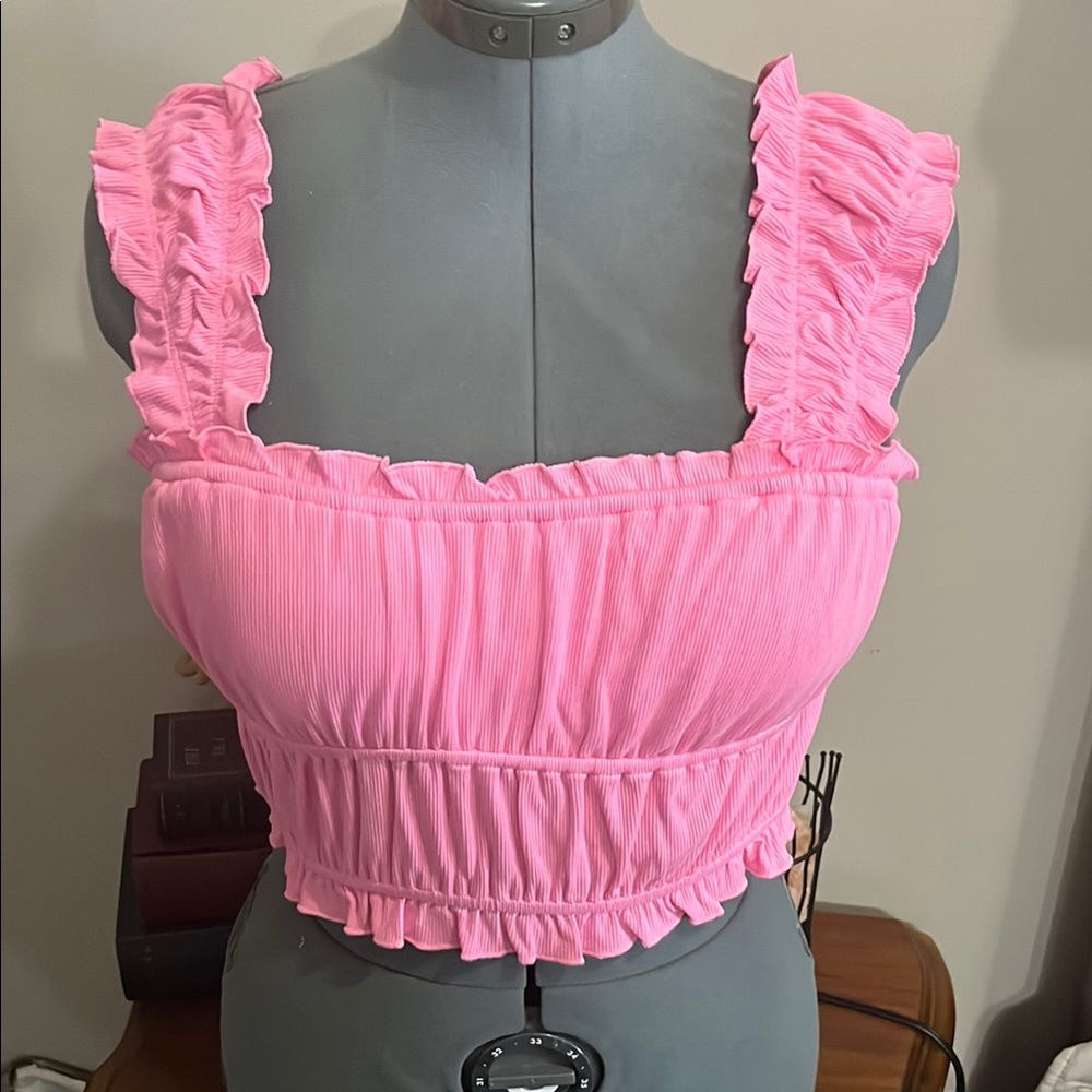Listicle Pink Flutter Sleeve Smocked Crop Tank Top
